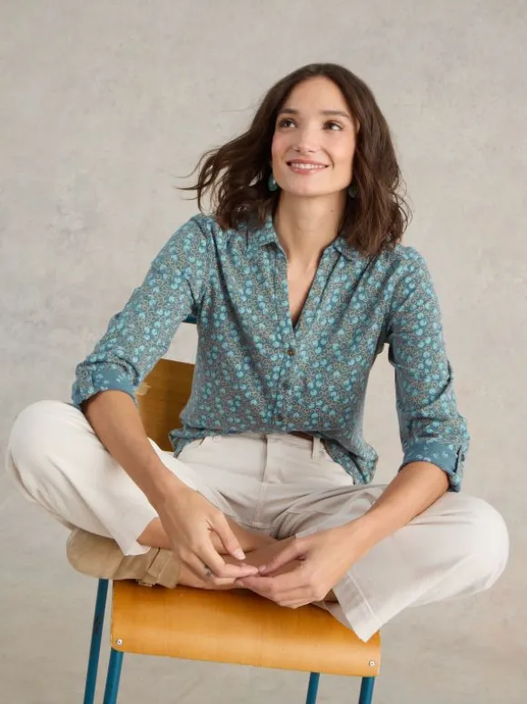 ANNIE JERSEY LONG SLEEVE SHIRT in TEAL PRINT