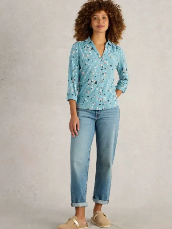 ANNIE LONG SLEEVE JERSEY SHIRT in TEAL PRINT