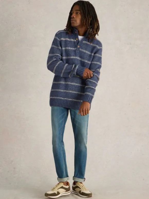 Breton Stripe Button Neck  in NAVY MULTI