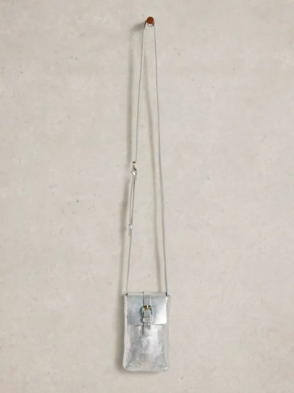 Clara Buckle Leather Phone Bag in SILVER TONE METALLIC