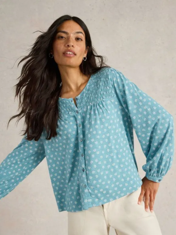 DANIELLA SHIRRED CREW NECK TOP in BLUE PRINT