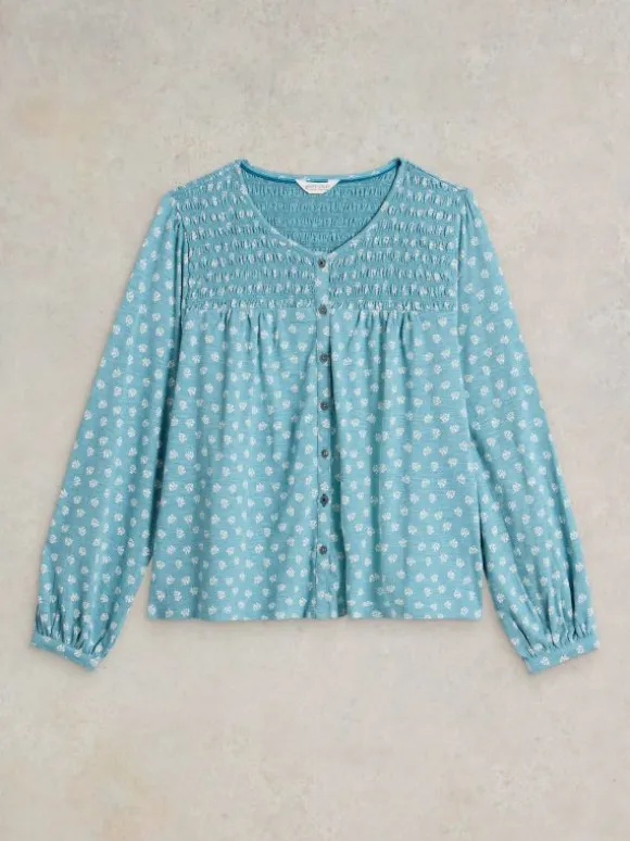 DANIELLA SHIRRED CREW NECK TOP in BLUE PRINT