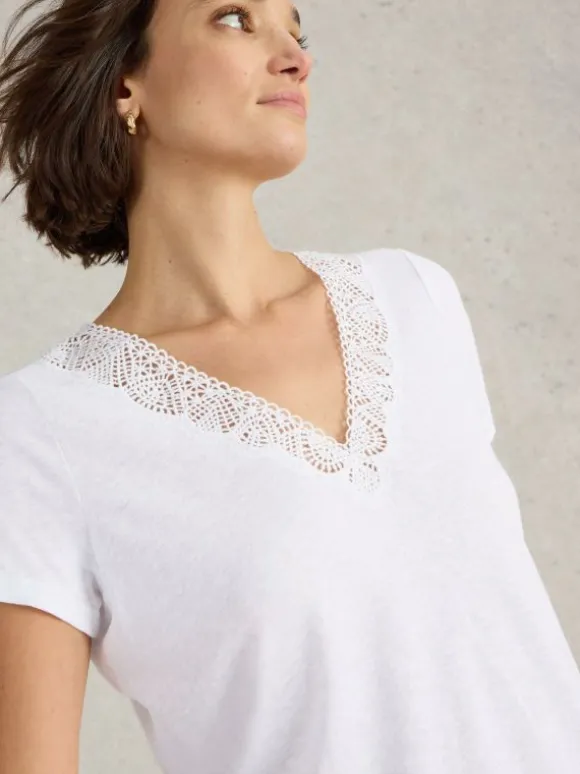 Ellie Linen Blend Lace Tee in BRILLIANT WHITE