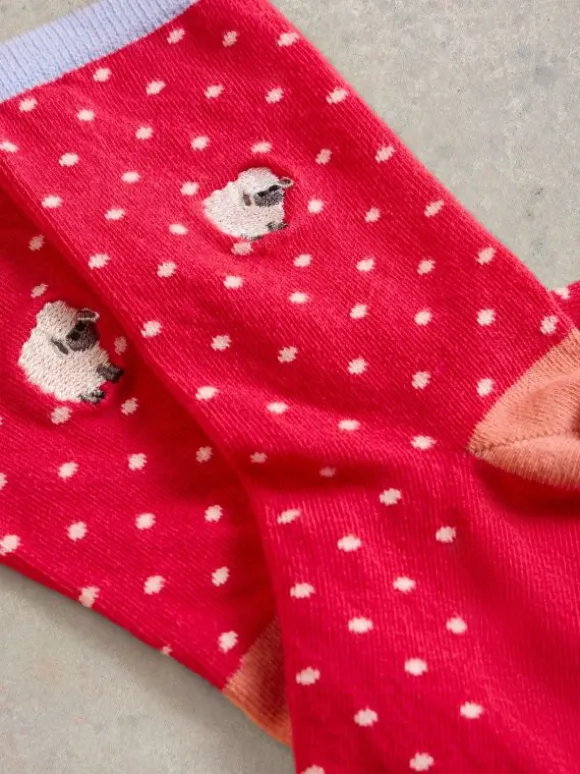 Embroidered Sheep Ankle Socks in BRIGHT PINK