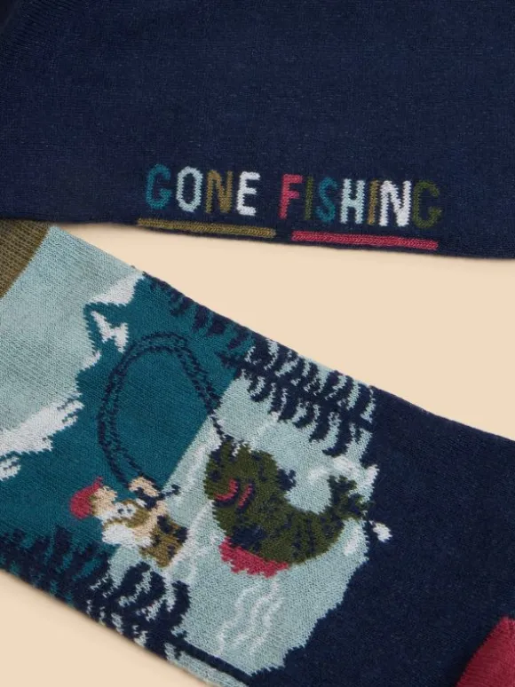 Fishing Scene Ankle Sock in BLUE MULTI