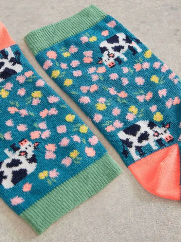 Floral Cow Ankle Sock in TEAL MULTI
