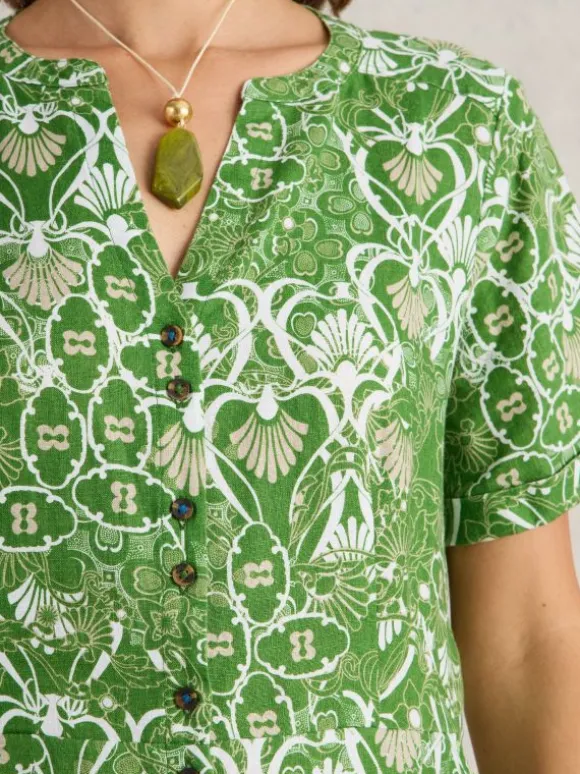 Iris Linen Dress in GREEN PRINT