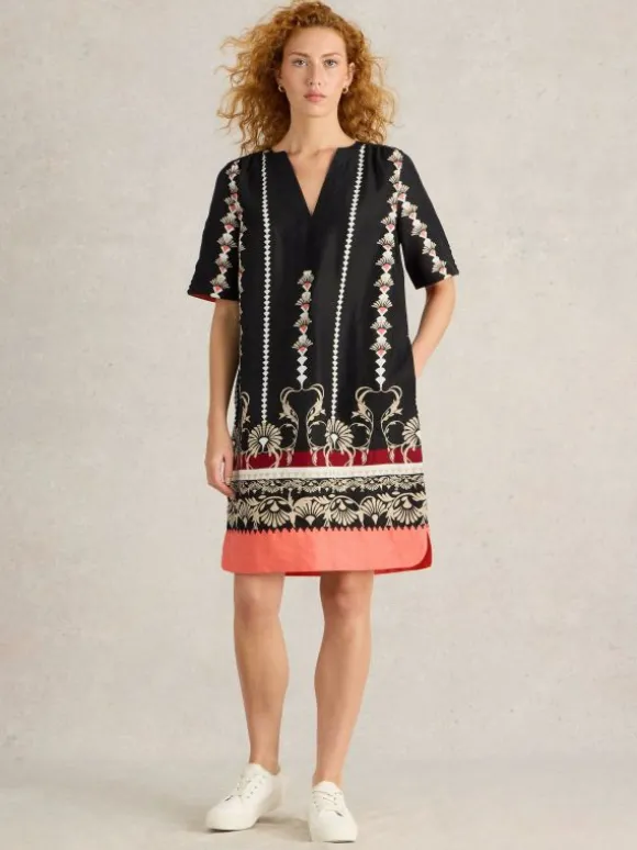 June Linen Short Sleeve Dress in BLACK PRINT