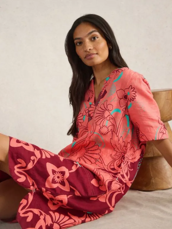 June Linen Short Sleeve Dress in RED MULTI