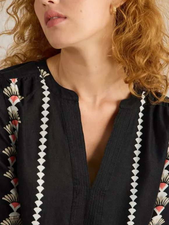 June Linen Short Sleeve Dress in BLACK PRINT