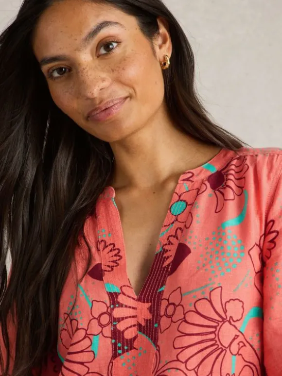 June Linen Short Sleeve Dress in RED MULTI