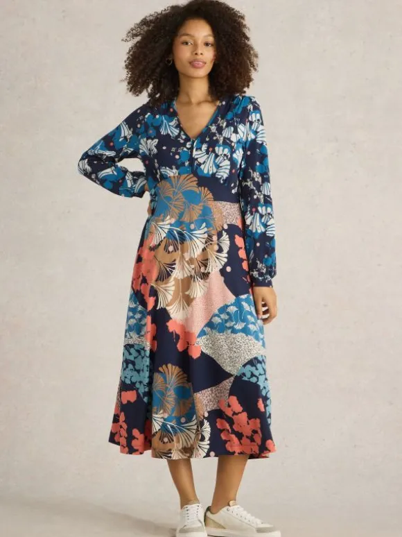 Megan Midi Jersey Dress in NAVY MULTI