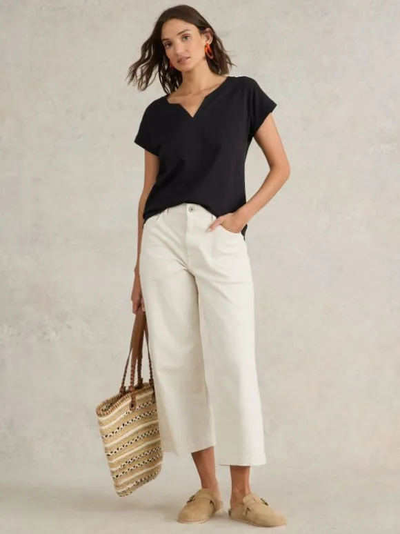 NELLY COTTON NOTCH NECK TEE in PURE BLACK