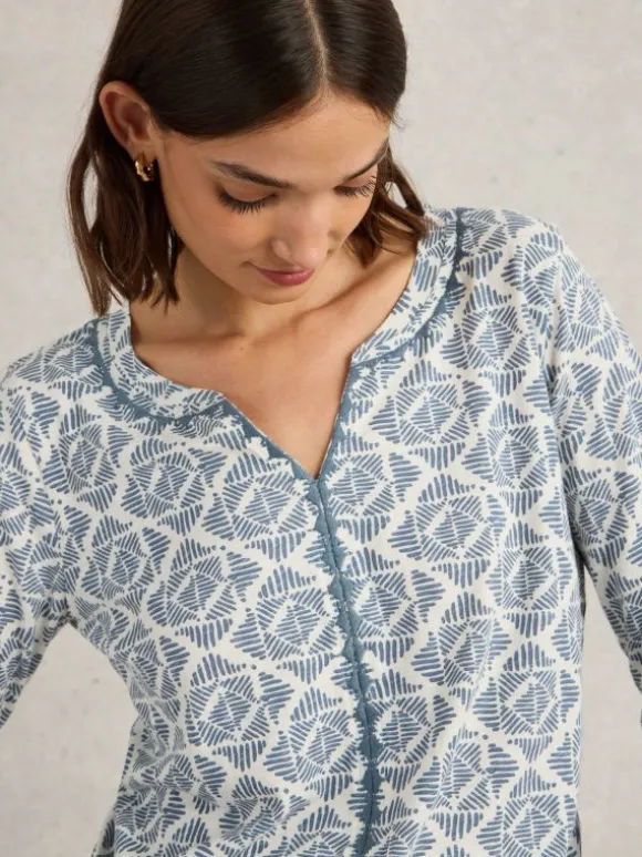 NELLY EMBROIDERED LONG SLEEVE TEE in BLUE PRINT