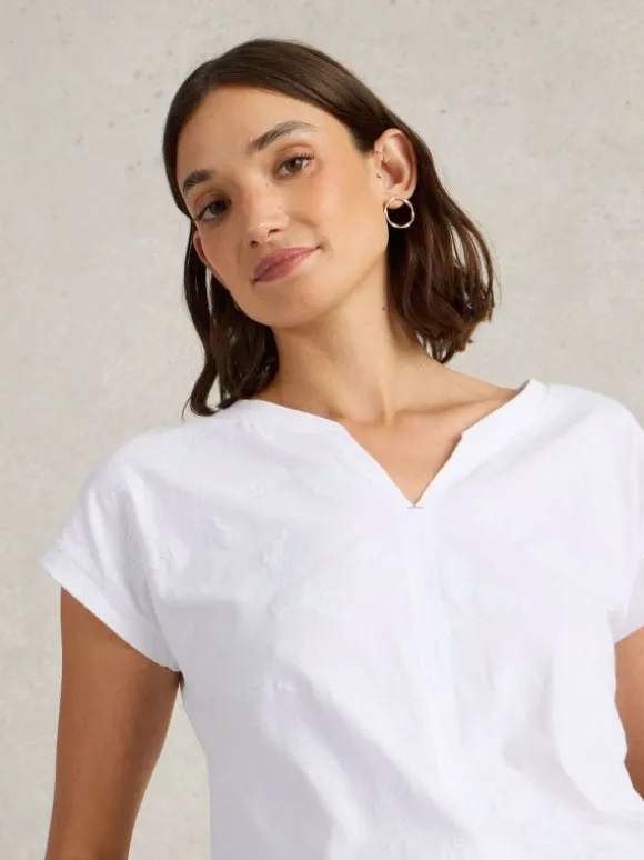 NELLY EMBROIDERED NOTCH NECK TEE in BRILLIANT WHITE