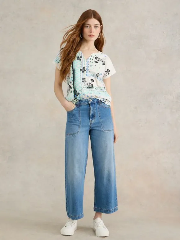 NELLY NOTCH NECK COTTON TEE in WHITE PRINT