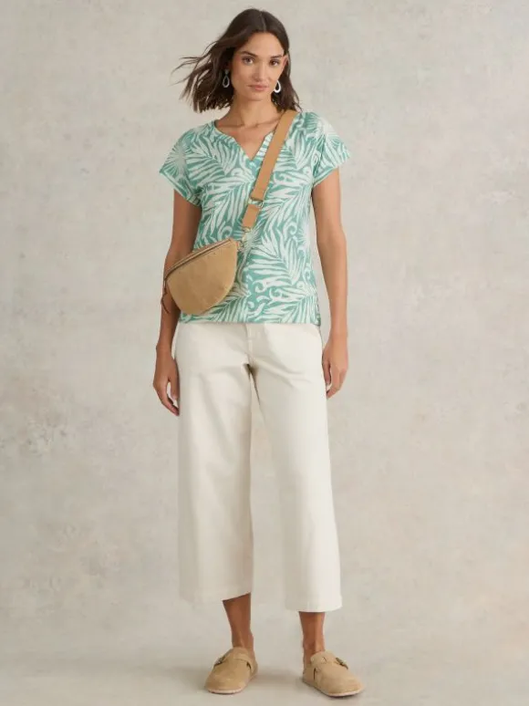 NELLY NOTCH NECK COTTON TEE in TEAL PRINT