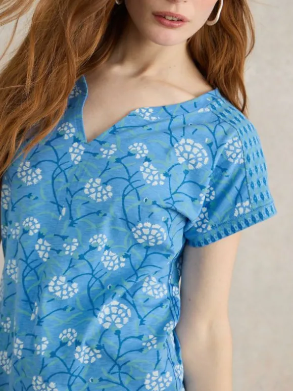 NELLY NOTCH NECK COTTON TEE in BLUE PRINT