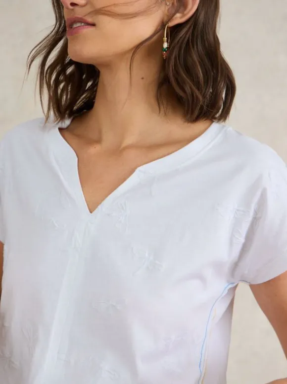 NELLY NOTCH NECK EMBROIDERED TEE in BRILLIANT WHITE