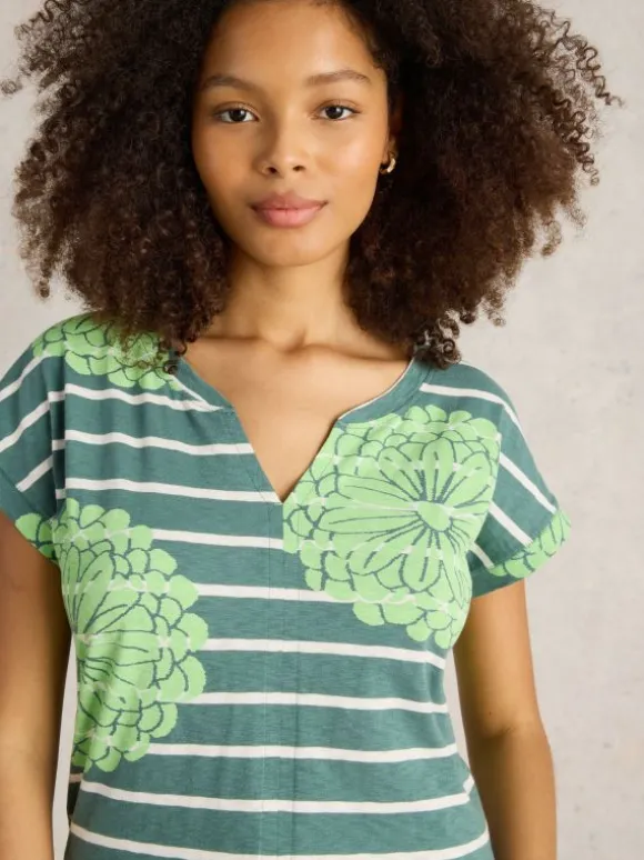 NELLY NOTCH NECK T-SHIRT in GREEN MULTI