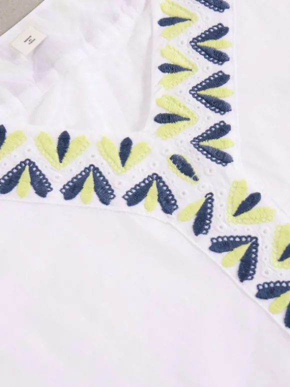 NEVA EMBROIDERED V NECK TOP in WHITE MULTI