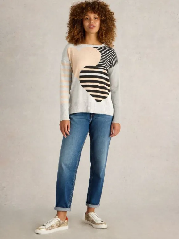 OLIVE STRIPE HEART JUMPER in NATURAL MULTI