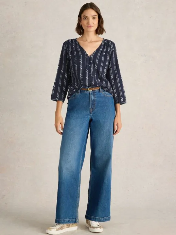 Rae Organic V Neck Cotton Top in NAVY MULTI