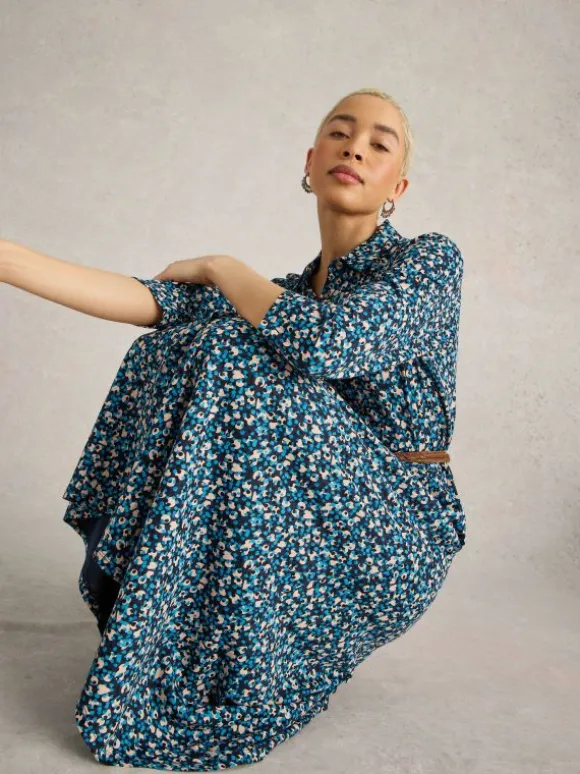 Rua Midi Jersey Shirt Dress in NAVY MULTI