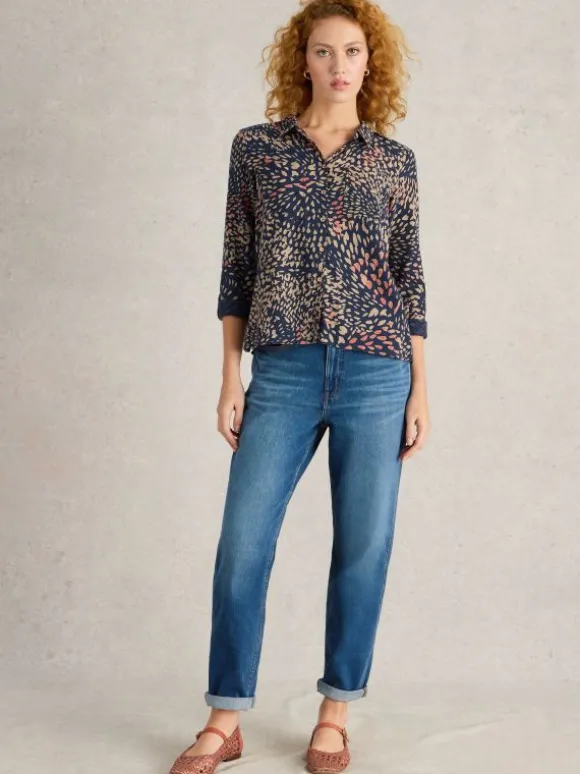 Sophie Organic Cotton Long Sleeve Shirt in NAVY PRINT