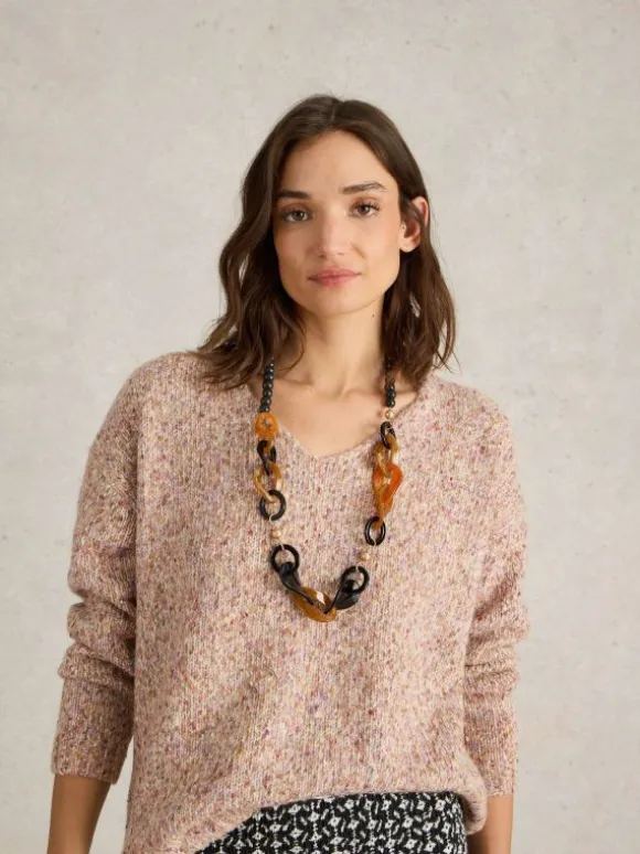 TEXTURED V NECK JUMPER  in NATURAL MULTI