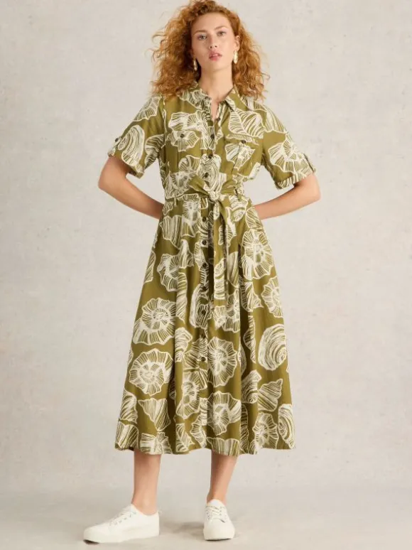 Tiff Linen Blend Shirt Dress in GREEN PRINT