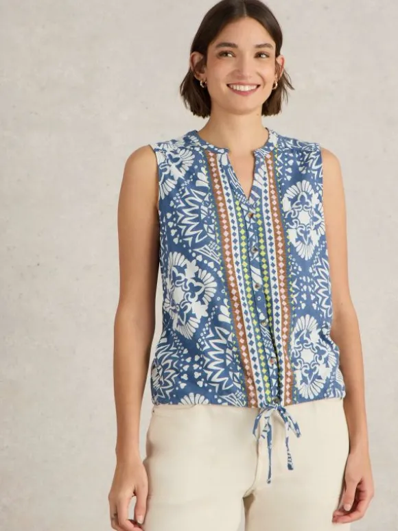 TULIP COLLARED SLEEVELESS SHIRT in BLUE PRINT
