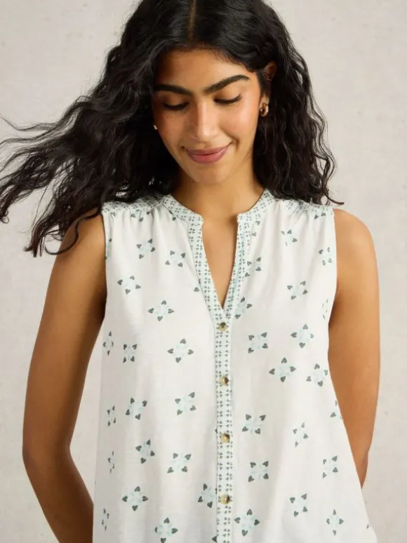 TULIP COLLARED SLEEVELESS SHIRT in WHITE PRINT