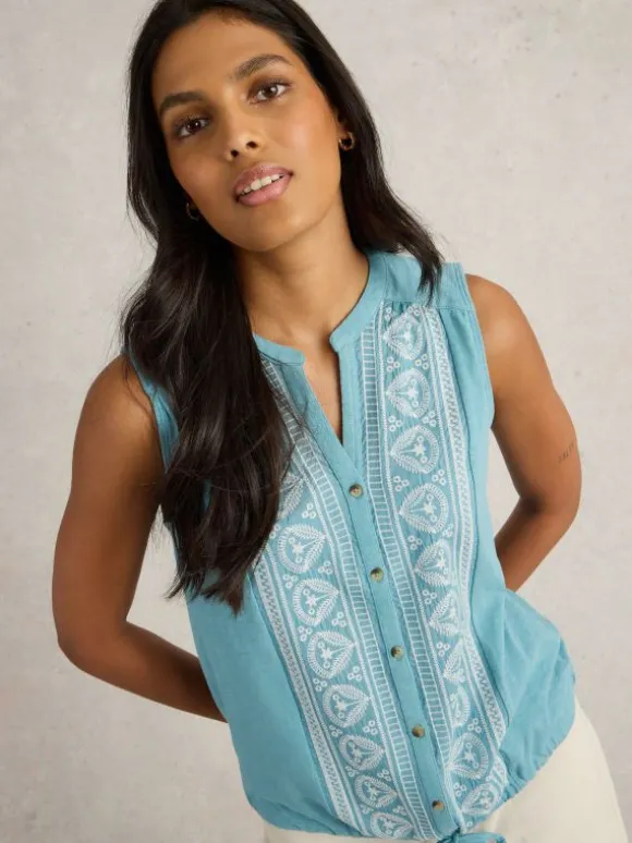 TULIP SLEEVELESS SHIRT in MID BLUE